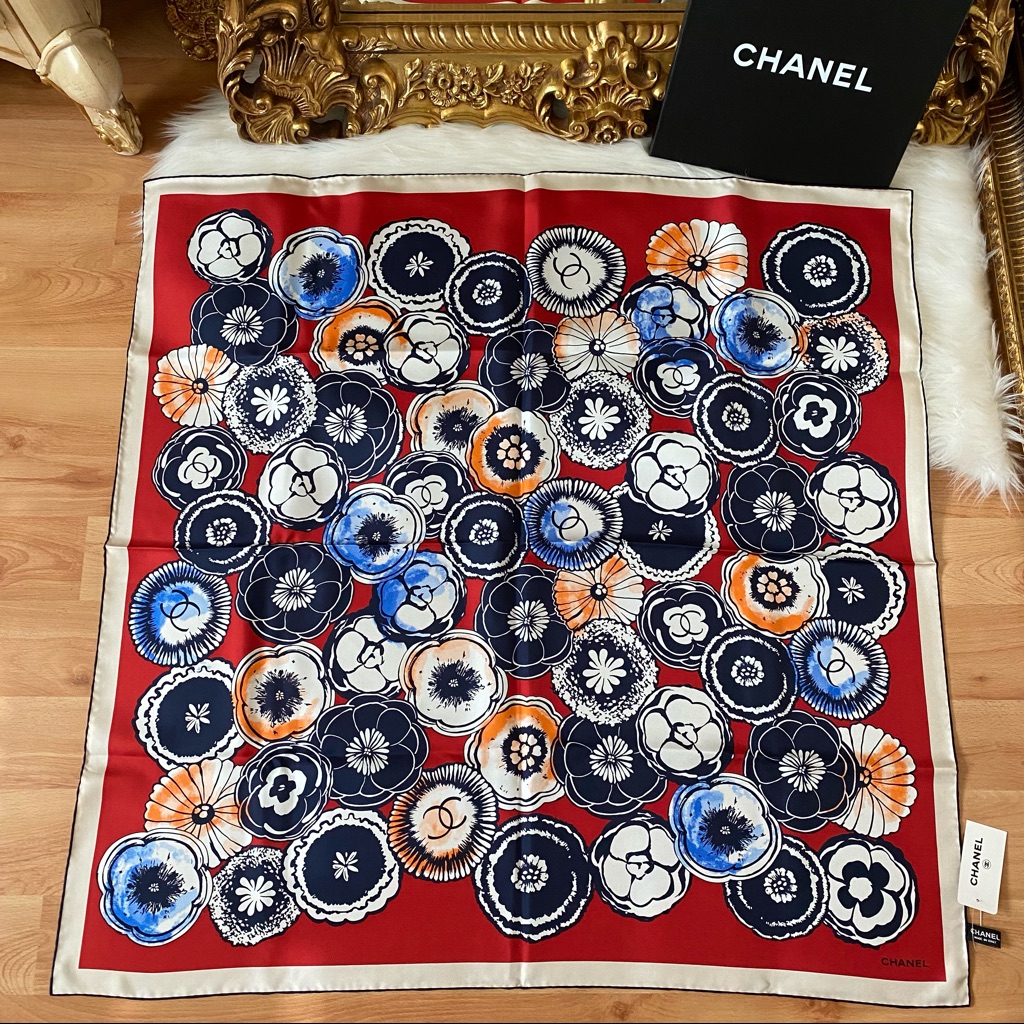 Chanel Camellia Flower Silk Scarf 12p